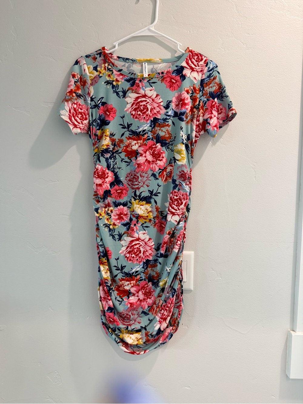 Piphany Floral Ruched Midi Dress in Mint and Pink